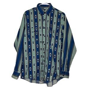Wrangler Western Shirt Size 16.5 x 35 Blue Striped Aztec Pearl Snap Cowboy Cut